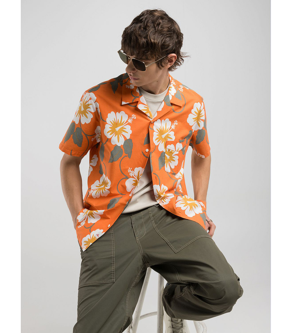 コットンポプリン ハイビスカスアロハシャツ（セットアップモデル） 詳細画像 オレンジ 3